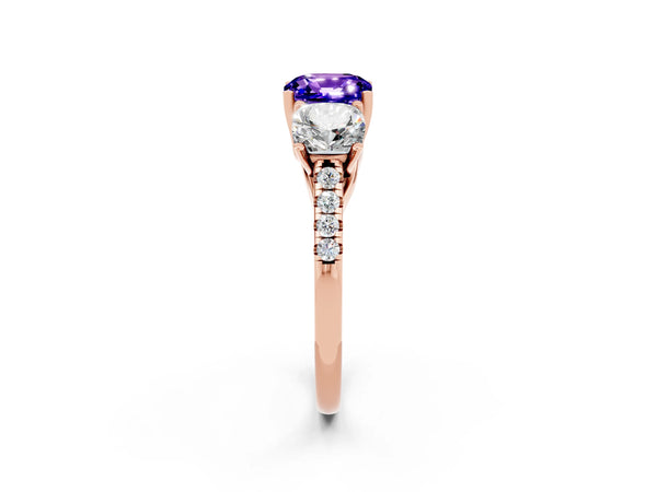 Rose gold Three-Stone Cushion Cut Tanzanite Ring with Round  Pavé Band and Prong Setting