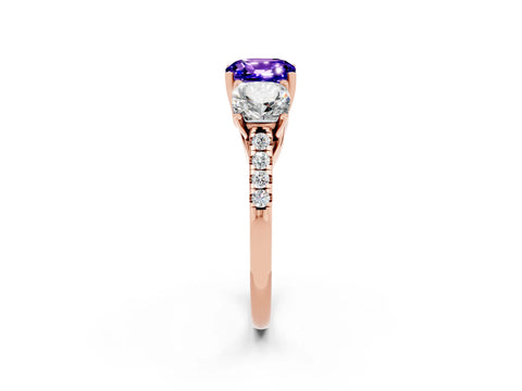 Rose gold Three-Stone Cushion Cut Tanzanite Ring with Pavé Band and Prong Setting_14