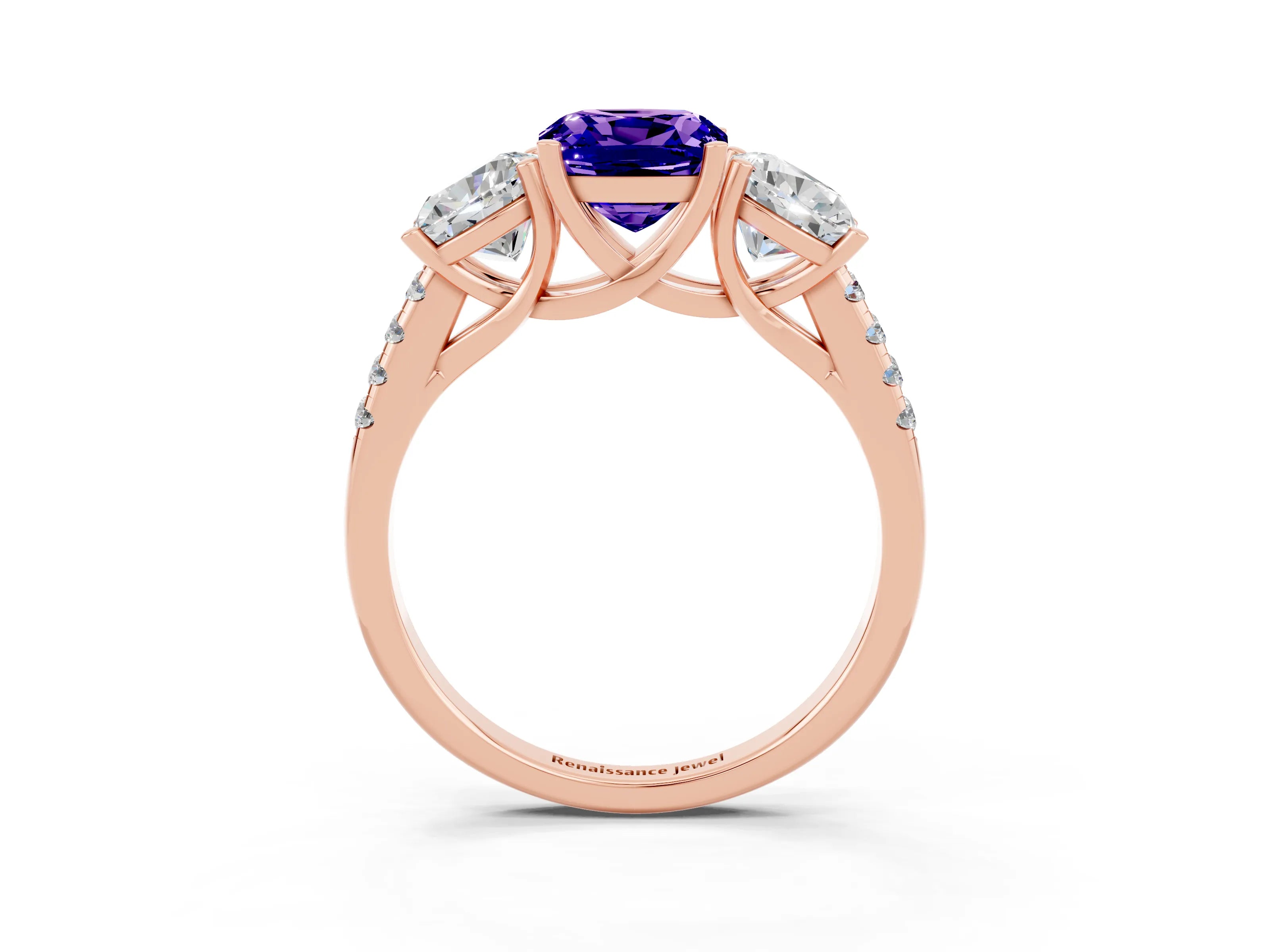 Rose gold Three-Stone Cushion Cut Tanzanite Ring with Pavé Band and Prong Setting_15