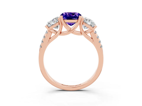 Rose gold Three-Stone Cushion Cut Tanzanite Ring with Pavé Band and Prong Setting_15