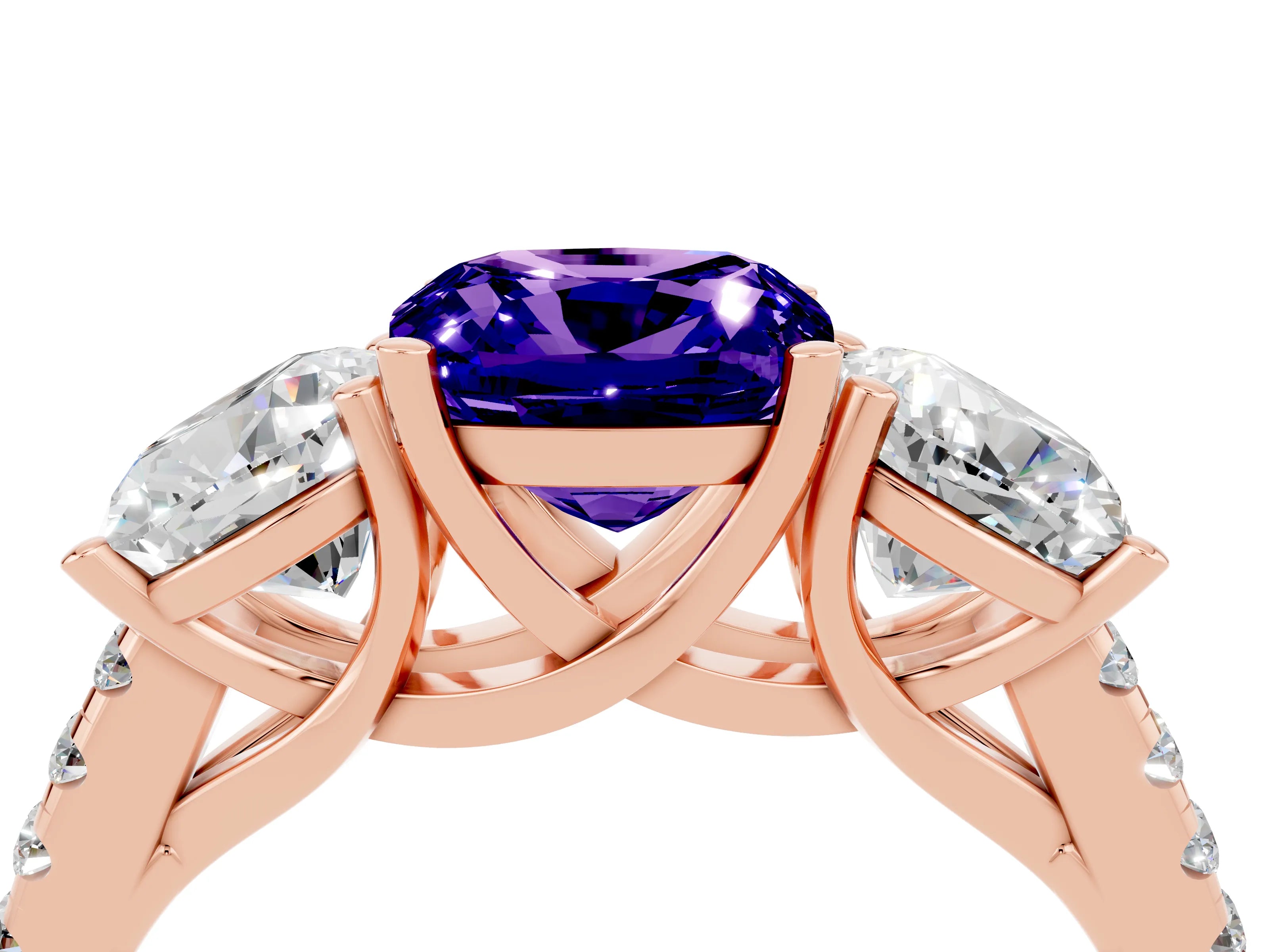 Rose gold Three-Stone Cushion Cut Tanzanite Ring with Pavé Band and Prong Setting_16