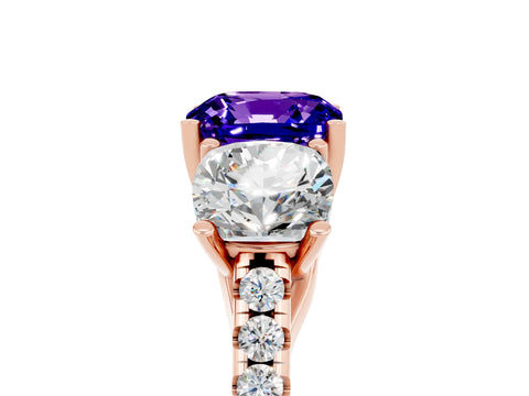 Rose gold Three-Stone Cushion Cut Tanzanite Ring with Pavé Band and Prong Setting_17