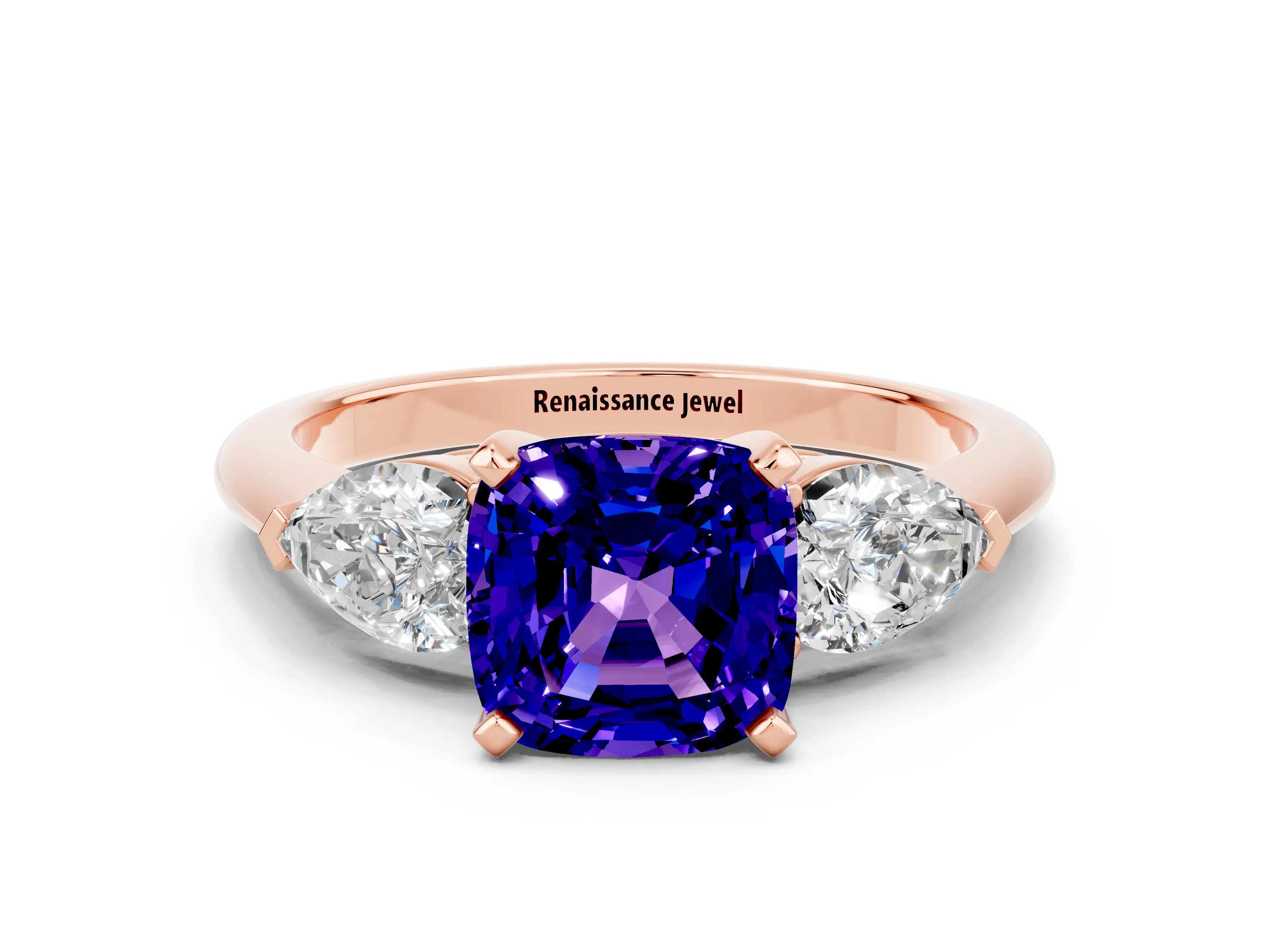 Rose gold Three-Stone Cushion Cut Tanzanite Ring with Pear Side Stones and Four-Prong Setting