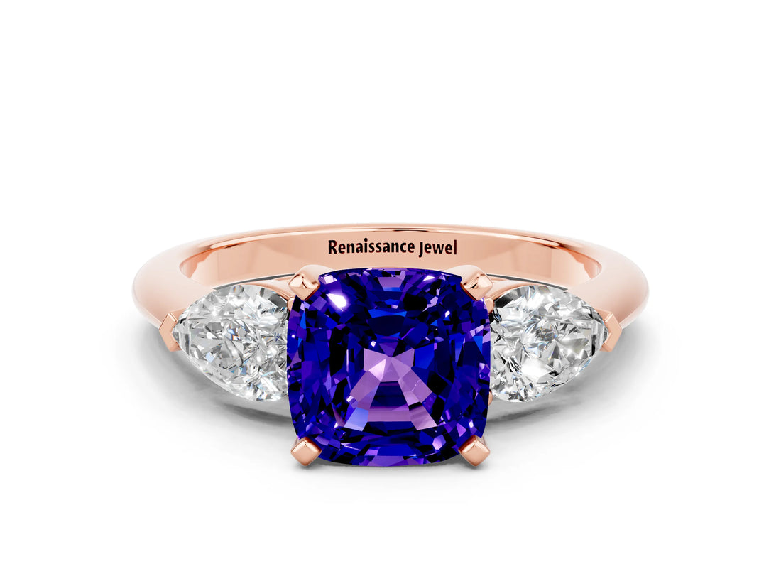 Rose gold Three-Stone Cushion Cut Tanzanite Ring with Pear Side Stones and Four-Prong Setting