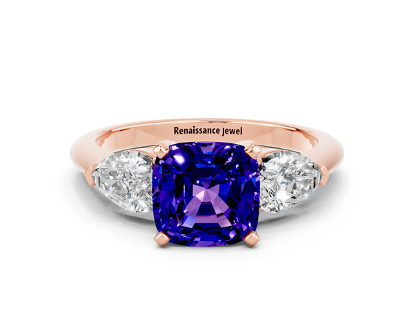 Rose gold Three-Stone Cushion Cut Tanzanite Ring with Pear Side Stones and Four-Prong Setting