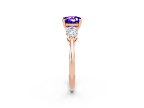 Rose gold Three-Stone Cushion Cut Tanzanite Ring with Pear Side Stones and Four-Prong Setting_2