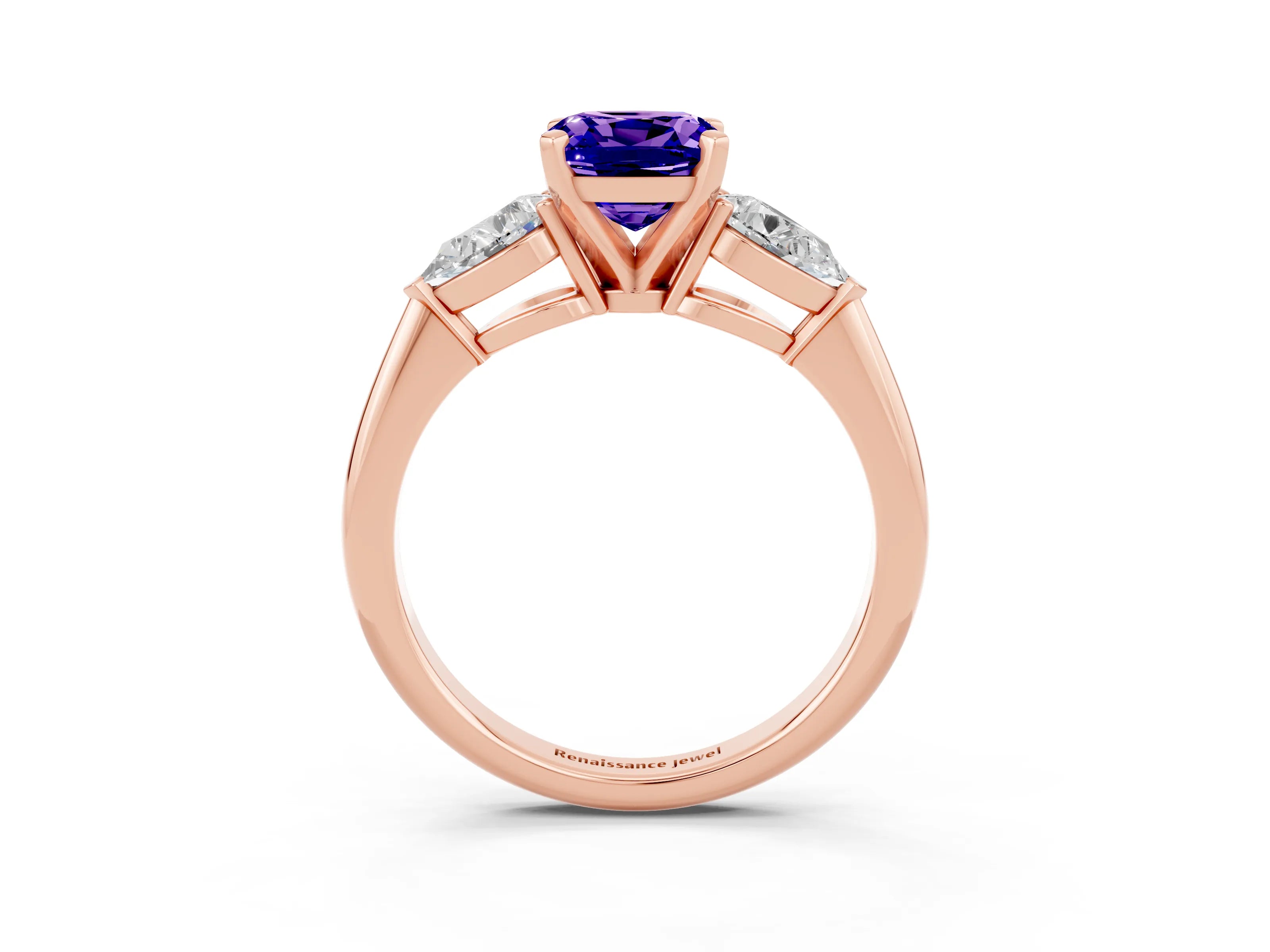 Rose gold Three-Stone Cushion Cut Tanzanite Ring with Pear Side Stones and Four-Prong Setting_3