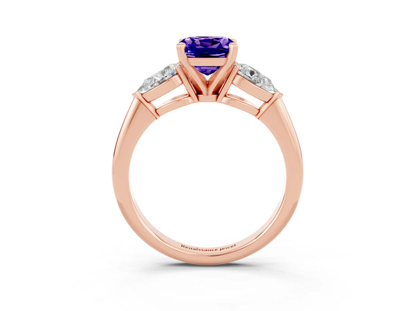 Rose gold Three-Stone Cushion Cut Tanzanite Ring with Pear Side Stones and Four-Prong Setting