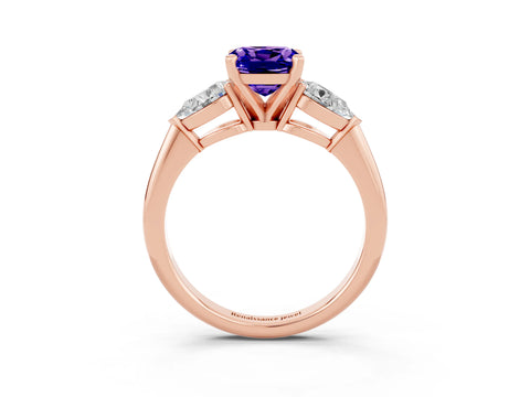 Rose gold Three-Stone Cushion Cut Tanzanite Ring with Pear Side Stones and Four-Prong Setting_3