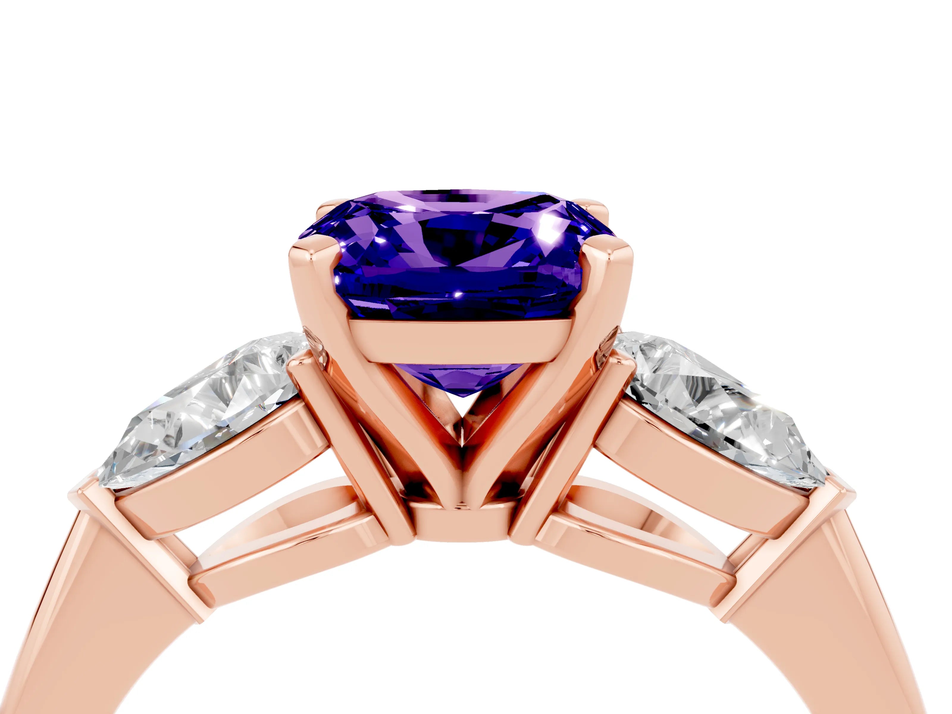 Rose gold Three-Stone Cushion Cut Tanzanite Ring with Pear Side Stones and Four-Prong Setting_4