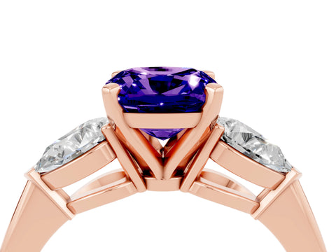 Rose gold Three-Stone Cushion Cut Tanzanite Ring with Pear Side Stones and Four-Prong Setting_4