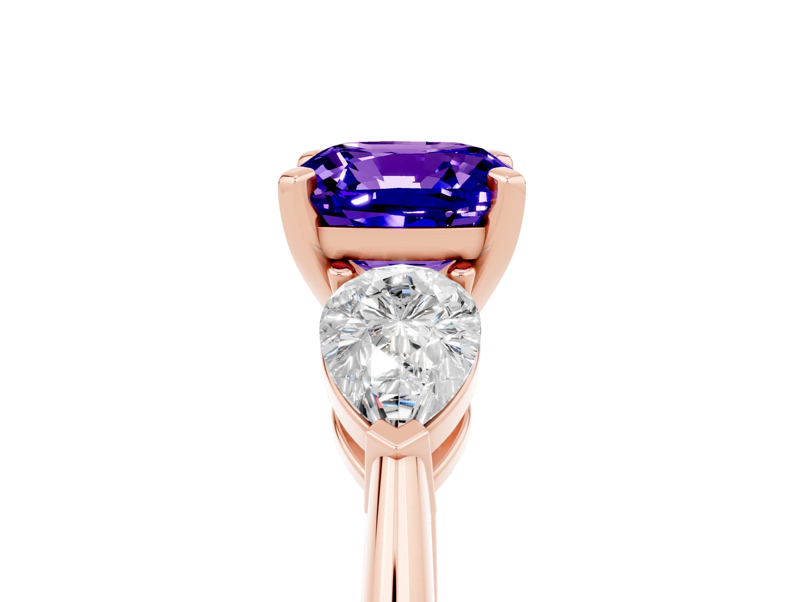 Rose gold Three-Stone Cushion Cut Tanzanite Ring with Pear Side Stones and Four-Prong Setting_5
