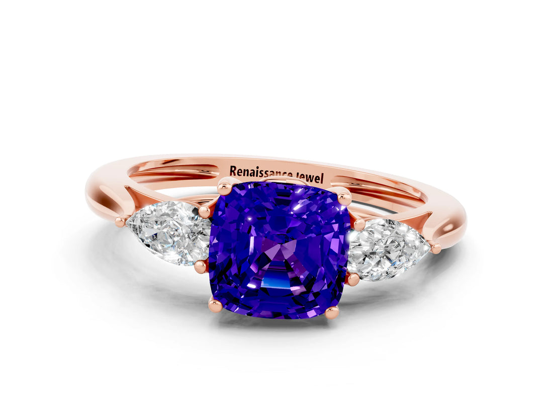 Rose gold Three-Stone Cushion Cut Tanzanite Ring with Pear  Side Stones in Four-Prong Setting_12