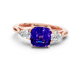 Rose gold Three-Stone Cushion Cut Tanzanite Ring with Pear  Side Stones in Four-Prong Setting_12
