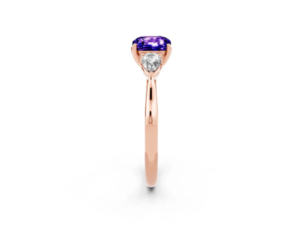Rose gold Three-Stone Cushion Cut Tanzanite Ring with Pear  Side Stones in Four-Prong Setting