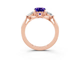 Rose gold Three-Stone Cushion Cut Tanzanite Ring with Pear  Side Stones in Four-Prong Setting_15