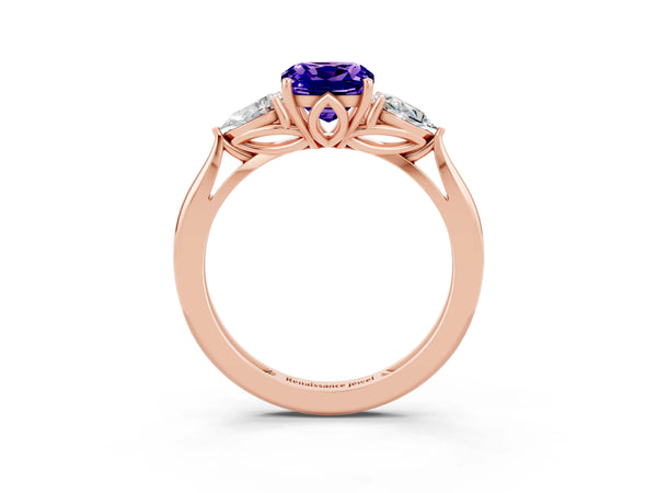 Rose gold Three-Stone Cushion Cut Tanzanite Ring with Pear  Side Stones in Four-Prong Setting