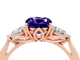 Rose gold Three-Stone Cushion Cut Tanzanite Ring with Pear  Side Stones in Four-Prong Setting_16