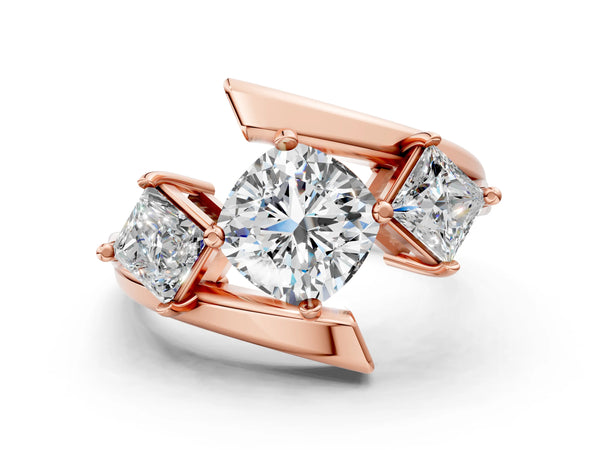 Rose gold Three-Stone Cushion Cut Tension Band Ring with Four-Prong Setting