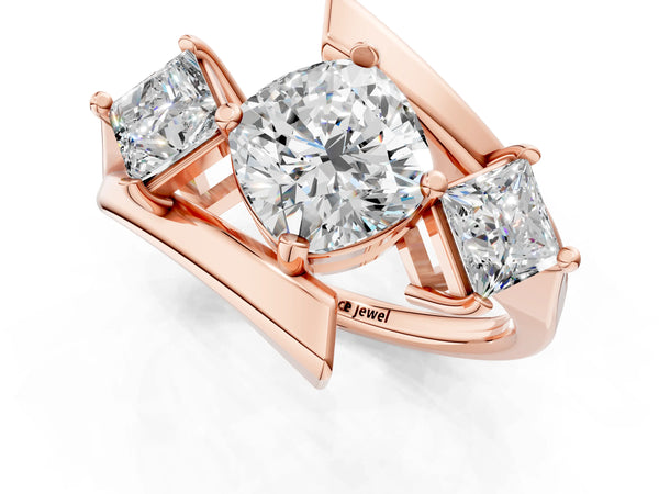 Rose gold Three-Stone Cushion Cut Tension Band Ring with Four-Prong Setting