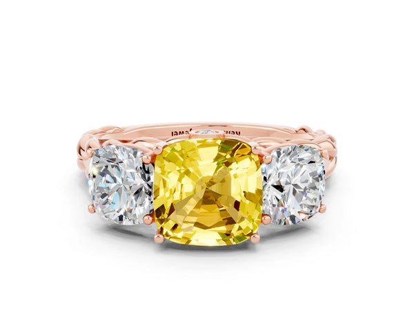 Rose gold Three-Stone Cushion Cut Yellow Sapphire Braided Band Ring with Four-Prong Setting