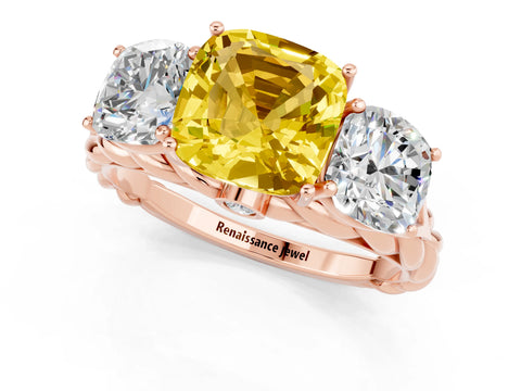 Rose gold Three-Stone Cushion Cut Yellow Sapphire Braided Band Ring with Four-Prong Setting_37