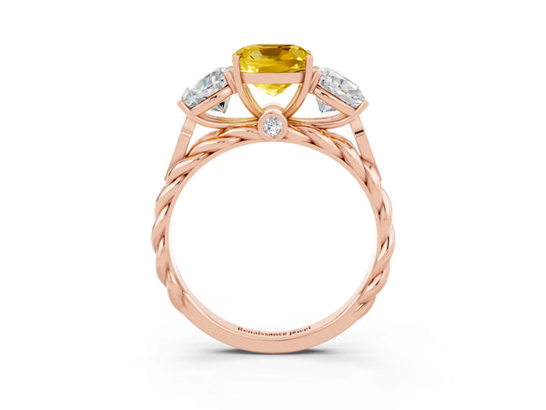 Rose gold Three-Stone Cushion Cut Yellow Sapphire Braided Band Ring with Four-Prong Setting