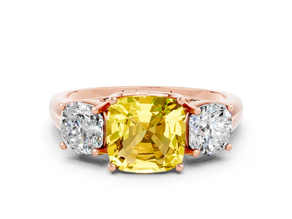 Rose gold Three-Stone Cushion Cut Yellow Sapphire Engagement Ring with Prong Setting