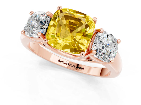 Rose gold Three-Stone Cushion Cut Yellow Sapphire Engagement Ring with Prong Setting