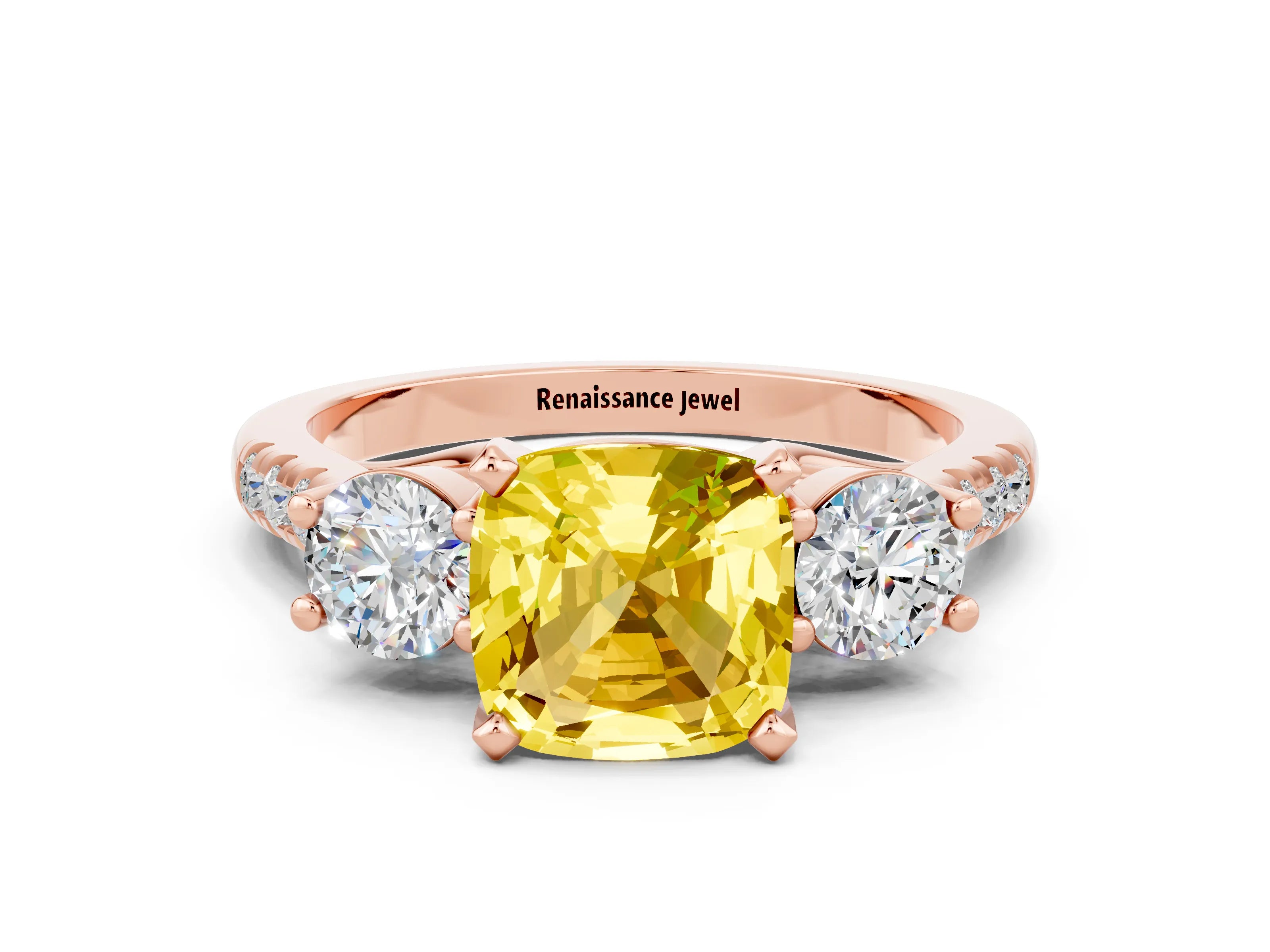 Rose gold Three-Stone Cushion Cut Yellow Sapphire Pavé Band with Four-Prong Setting_24