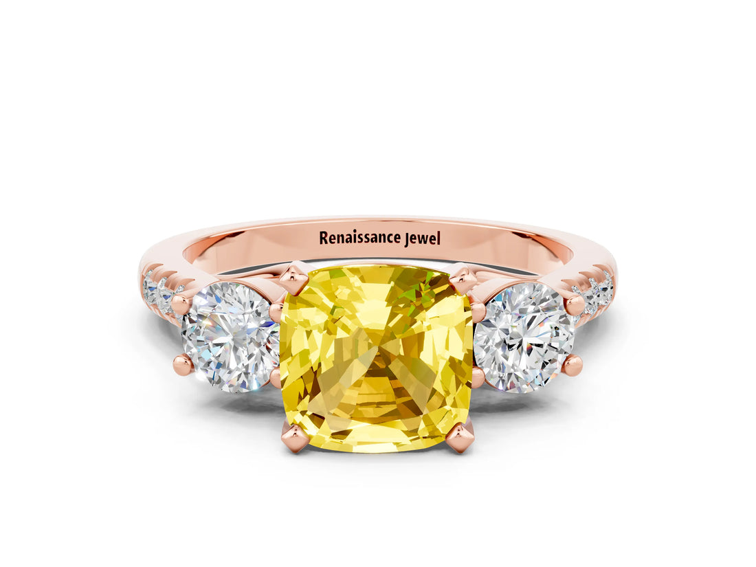 Rose gold Three-Stone Cushion Cut Yellow Sapphire Pavé Band with Four-Prong Setting_24