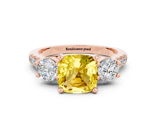 Rose gold Three-Stone Cushion Cut Yellow Sapphire Pavé Band with Four-Prong Setting
