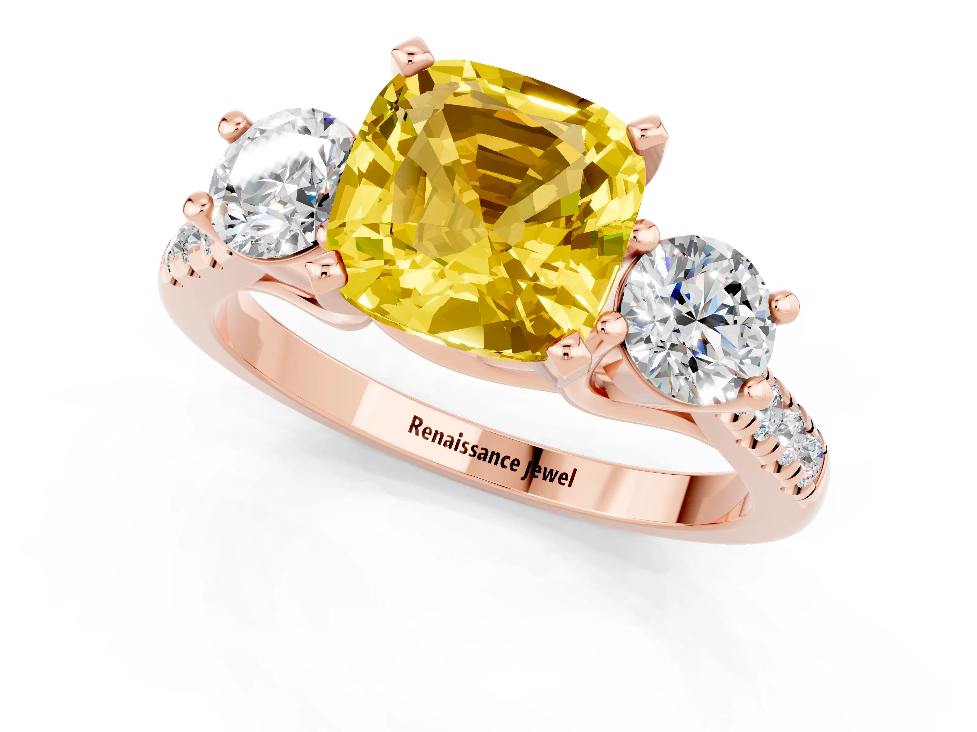Rose gold Three-Stone Cushion Cut Yellow Sapphire Pavé Band with Four-Prong Setting_25