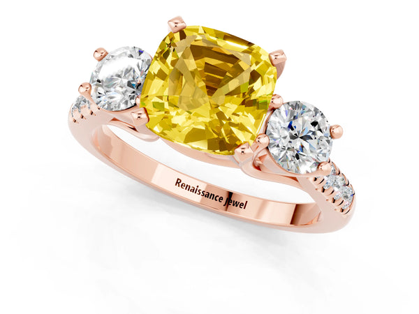 Rose gold Three-Stone Cushion Cut Yellow Sapphire Pavé Band with Four-Prong Setting