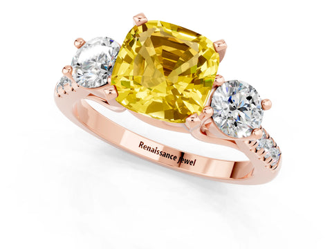 Rose gold Three-Stone Cushion Cut Yellow Sapphire Pavé Band with Four-Prong Setting_25