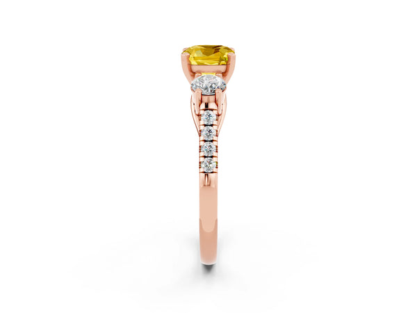 Rose gold Three-Stone Cushion Cut Yellow Sapphire Pavé Band with Four-Prong Setting