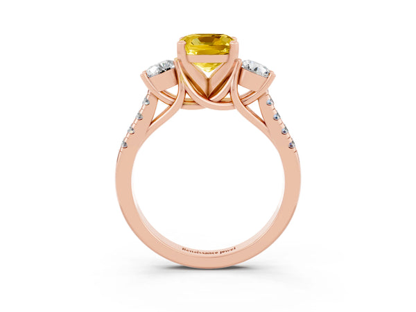 Rose gold Three-Stone Cushion Cut Yellow Sapphire Pavé Band with Four-Prong Setting