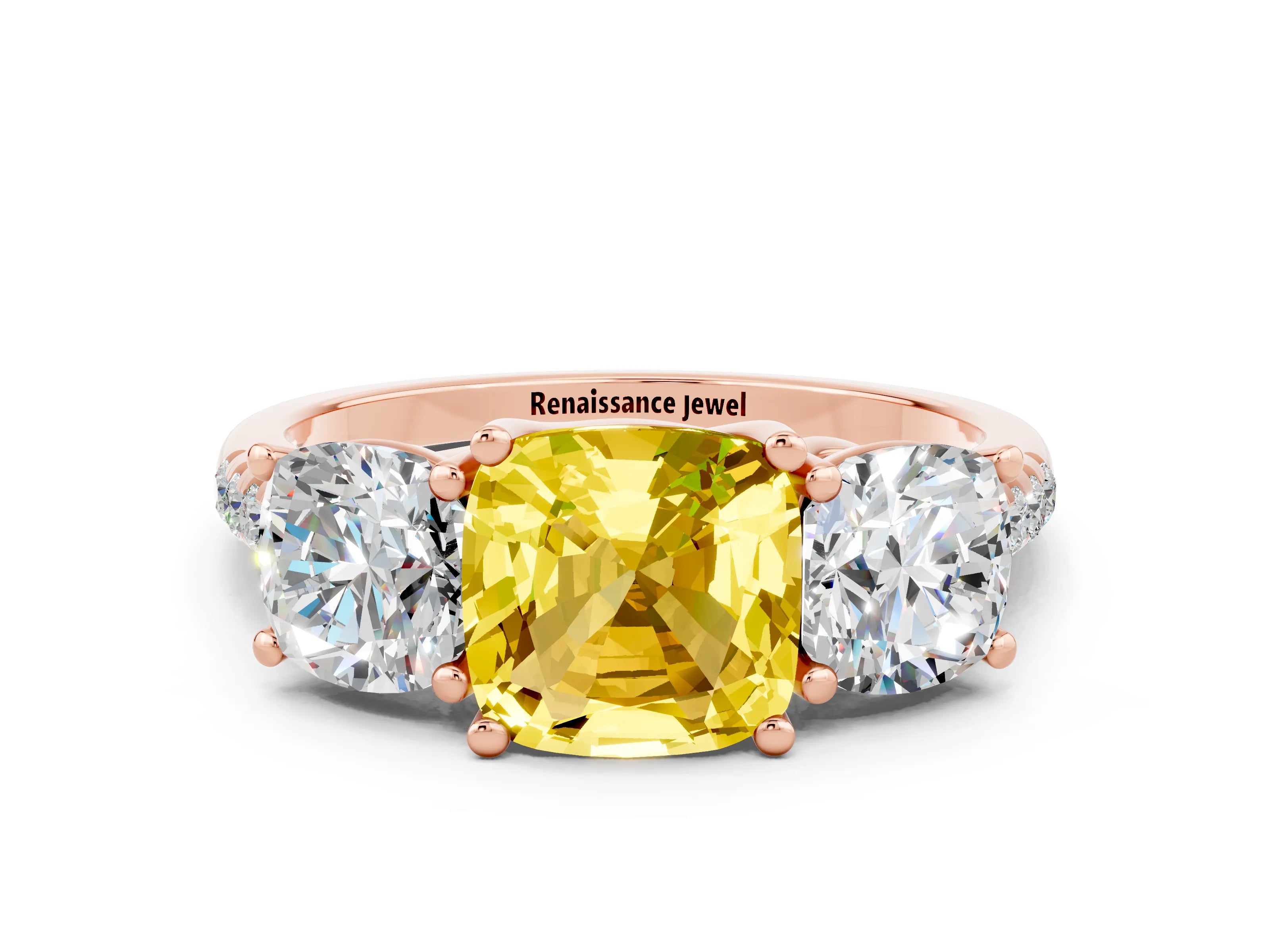 Rose gold Three-Stone Cushion Cut Yellow Sapphire Ring with Pavé Band and Prong Setting_36
