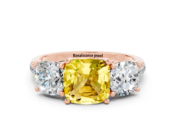 Rose gold Three-Stone Cushion Cut Yellow Sapphire Ring with Round  Pavé Band and Prong Setting