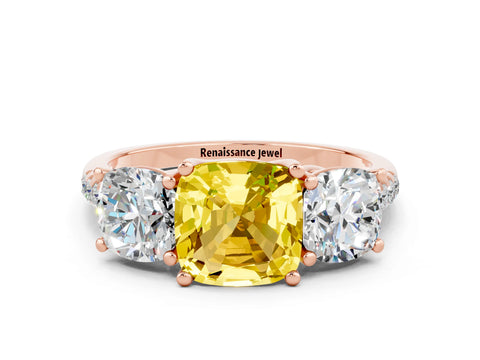 Rose gold Three-Stone Cushion Cut Yellow Sapphire Ring with Pavé Band and Prong Setting_36
