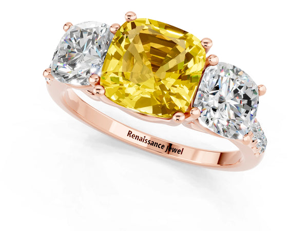 Rose gold Three-Stone Cushion Cut Yellow Sapphire Ring with Round  Pavé Band and Prong Setting