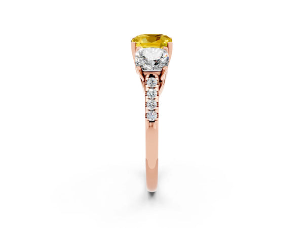 Rose gold Three-Stone Cushion Cut Yellow Sapphire Ring with Round  Pavé Band and Prong Setting