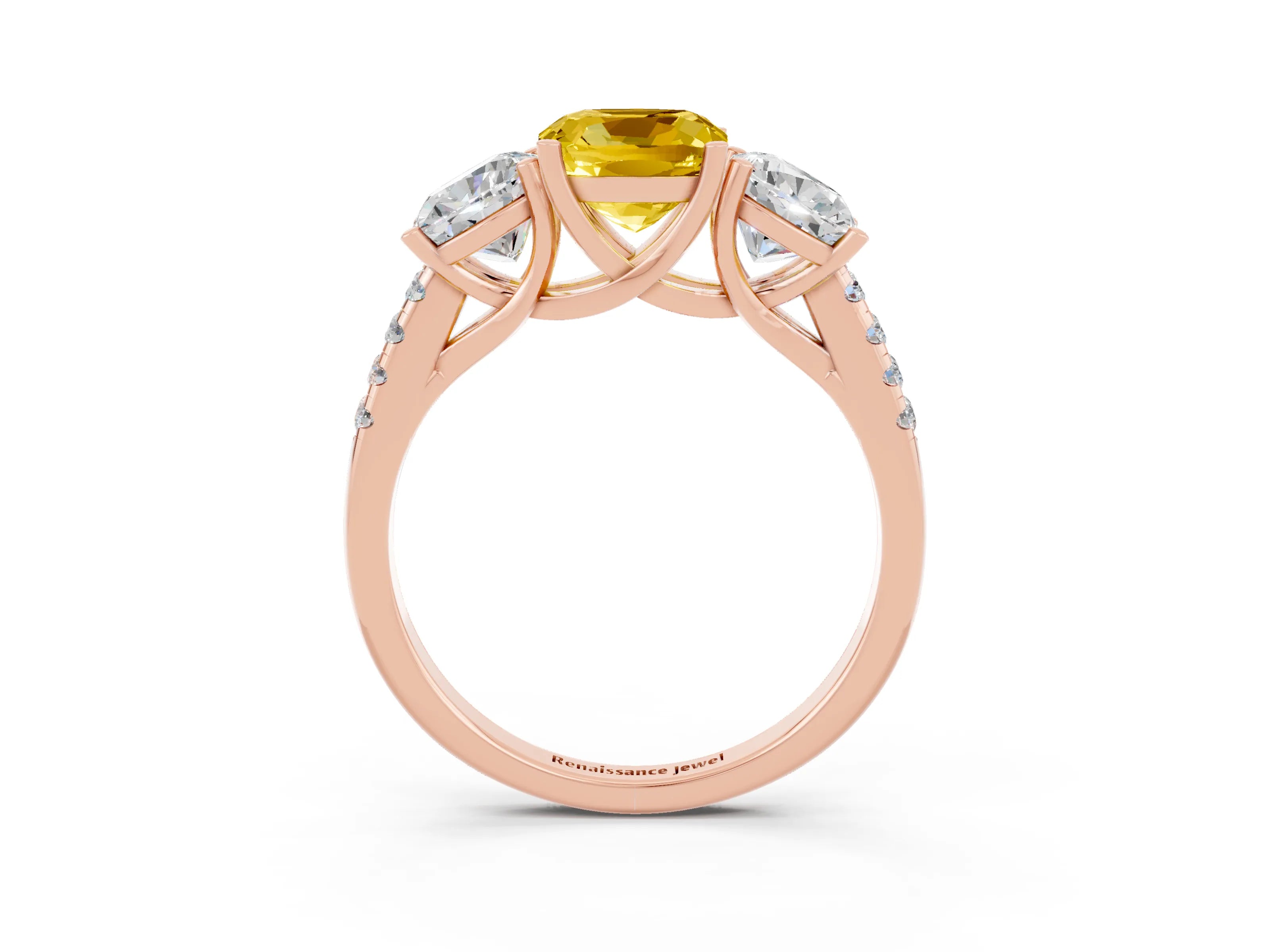 Rose gold Three-Stone Cushion Cut Yellow Sapphire Ring with Pavé Band and Prong Setting_39