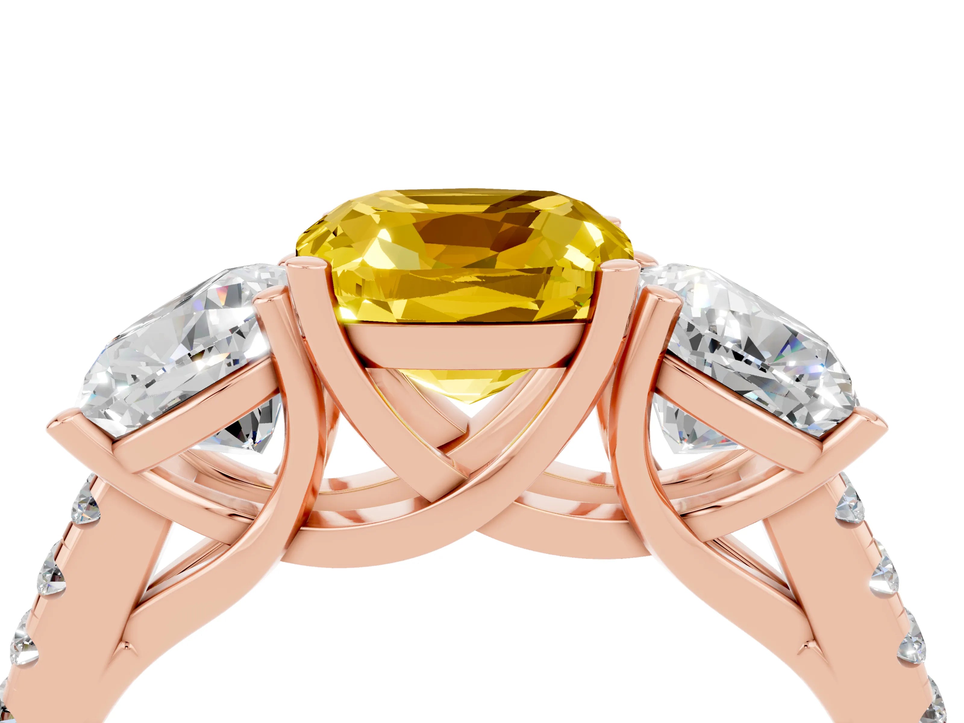 Rose gold Three-Stone Cushion Cut Yellow Sapphire Ring with Pavé Band and Prong Setting_40