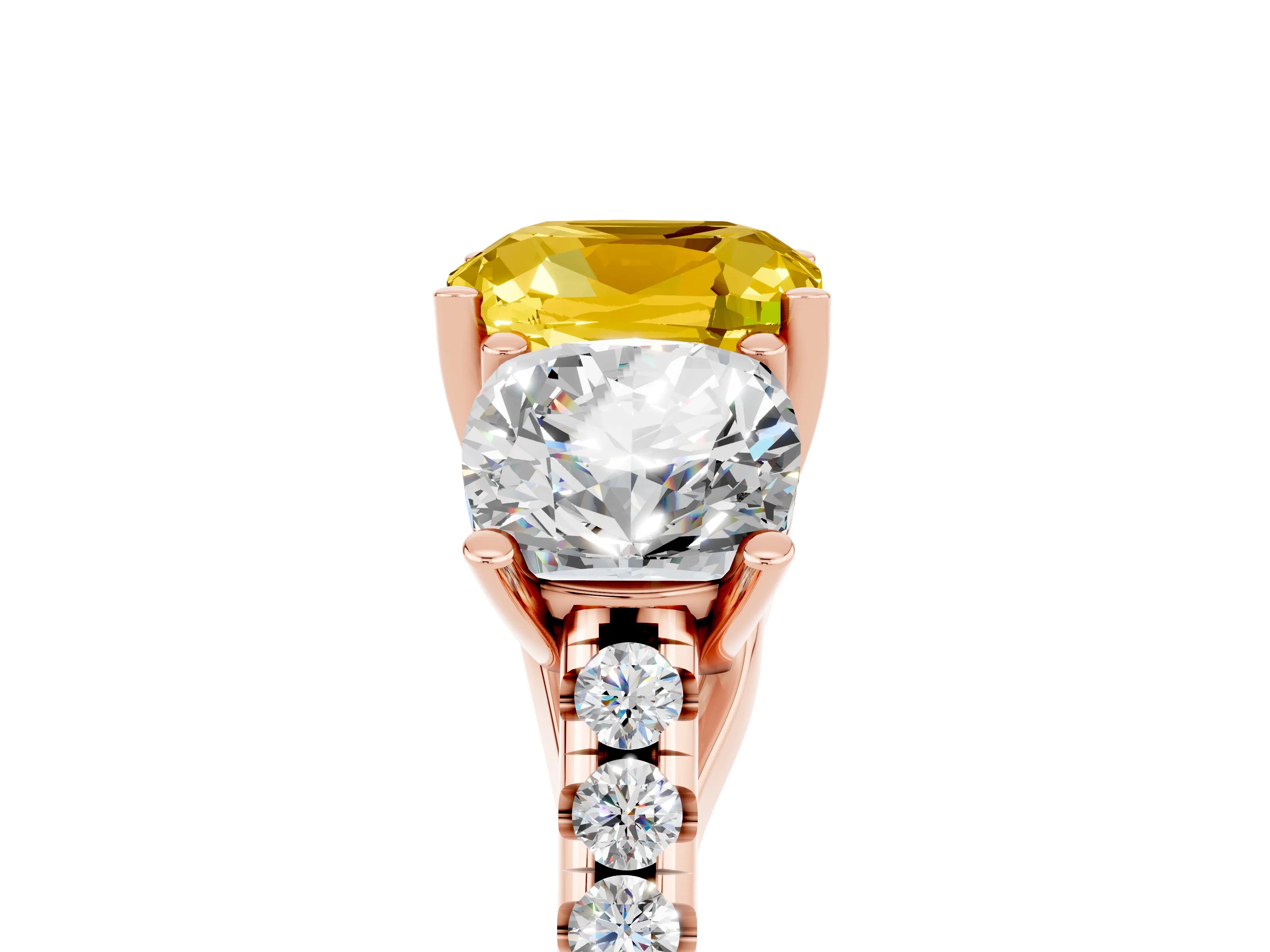 Rose gold Three-Stone Cushion Cut Yellow Sapphire Ring with Pavé Band and Prong Setting_41