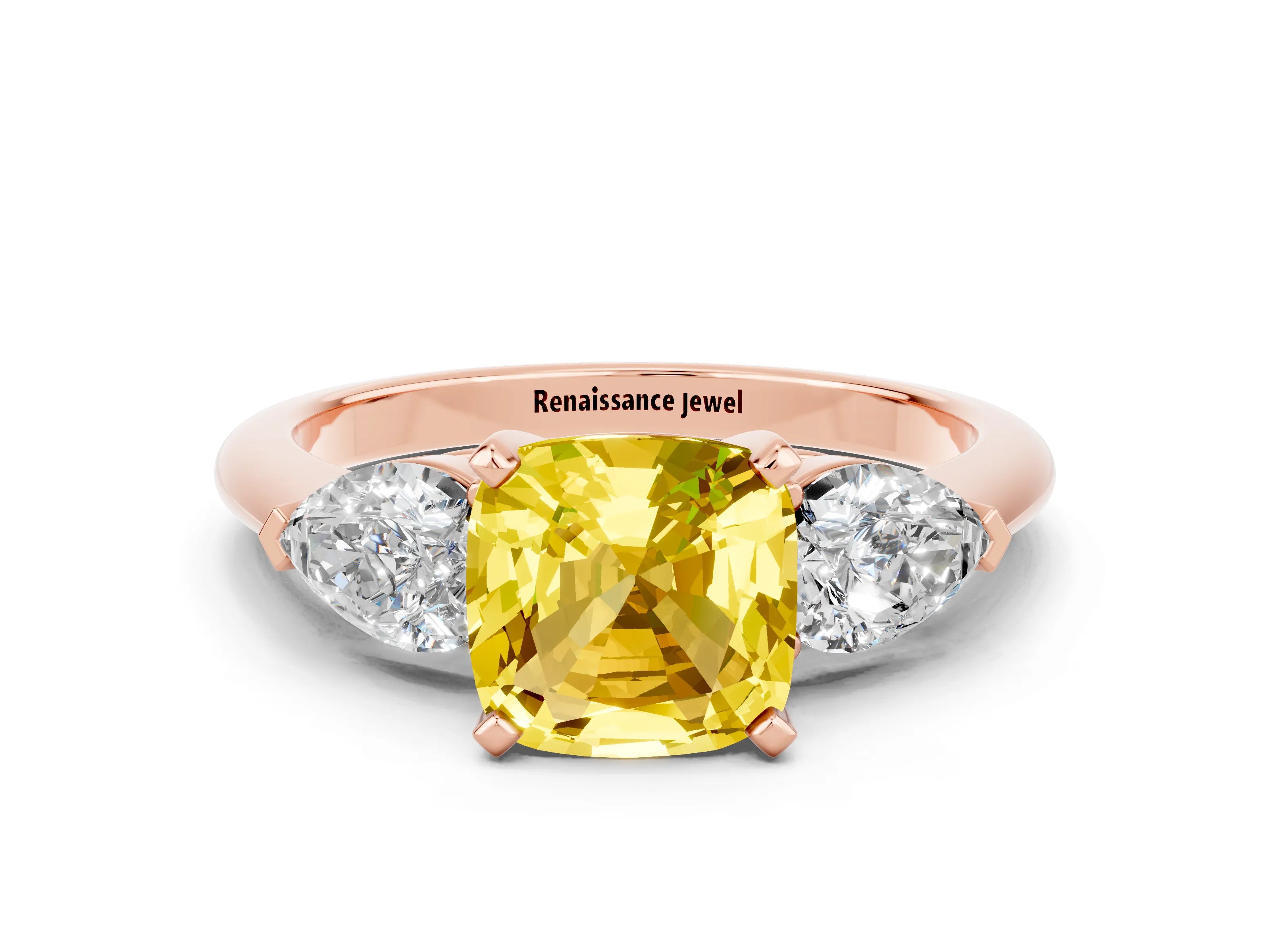Rose gold Three-Stone Cushion Cut Yellow Sapphire Ring with Pear Side Stones and Four-Prong Setting_24