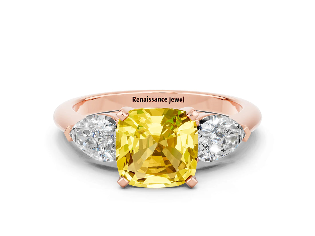 Rose gold Three-Stone Cushion Cut Yellow Sapphire Ring with Pear Side Stones and Four-Prong Setting_24