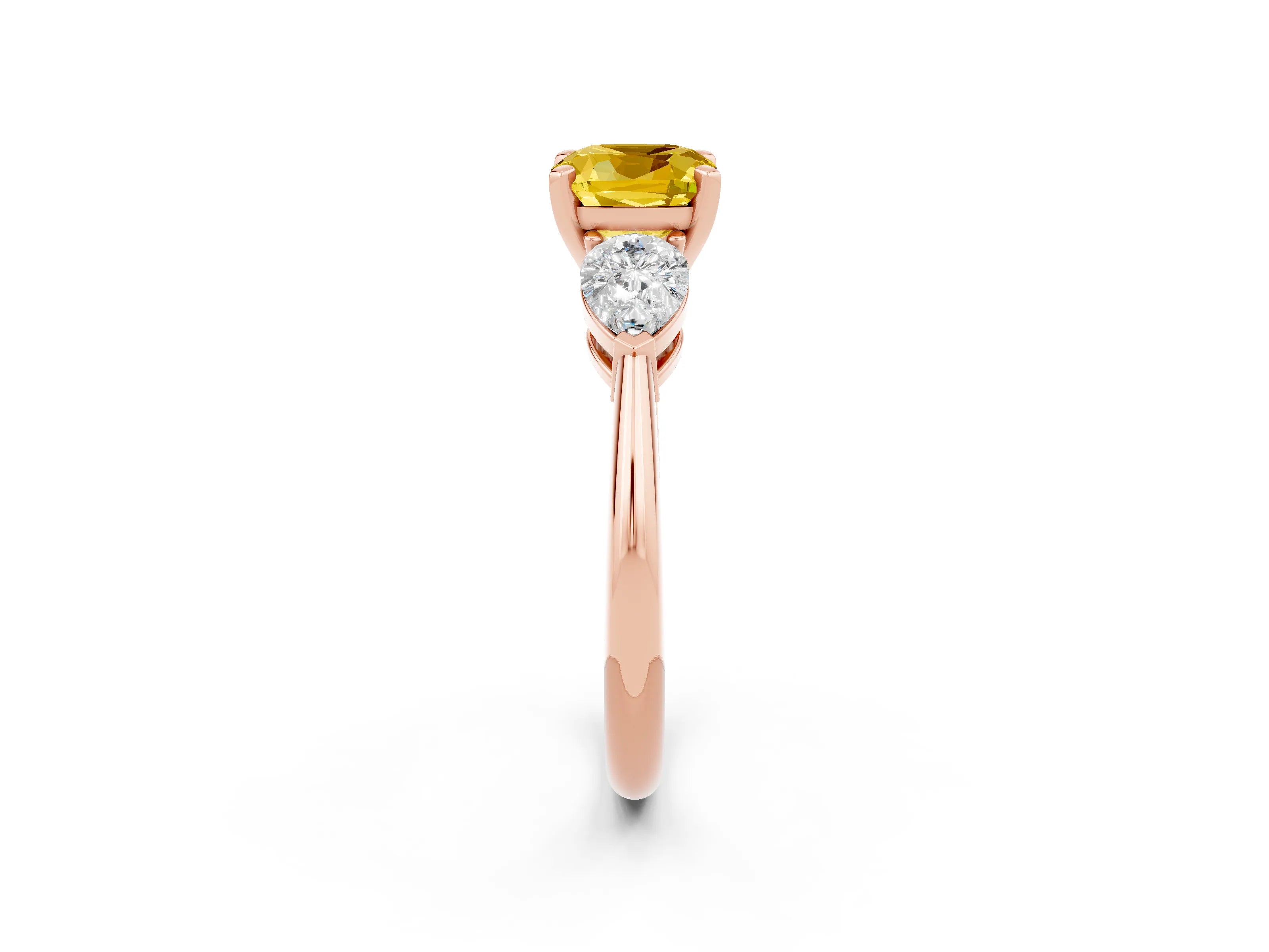 Rose gold Three-Stone Cushion Cut Yellow Sapphire Ring with Pear Side Stones and Four-Prong Setting_26