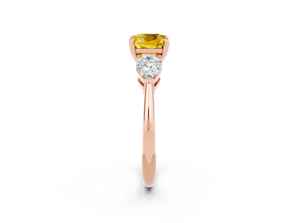 Rose gold Three-Stone Cushion Cut Yellow Sapphire Ring with Pear Side Stones and Four-Prong Setting