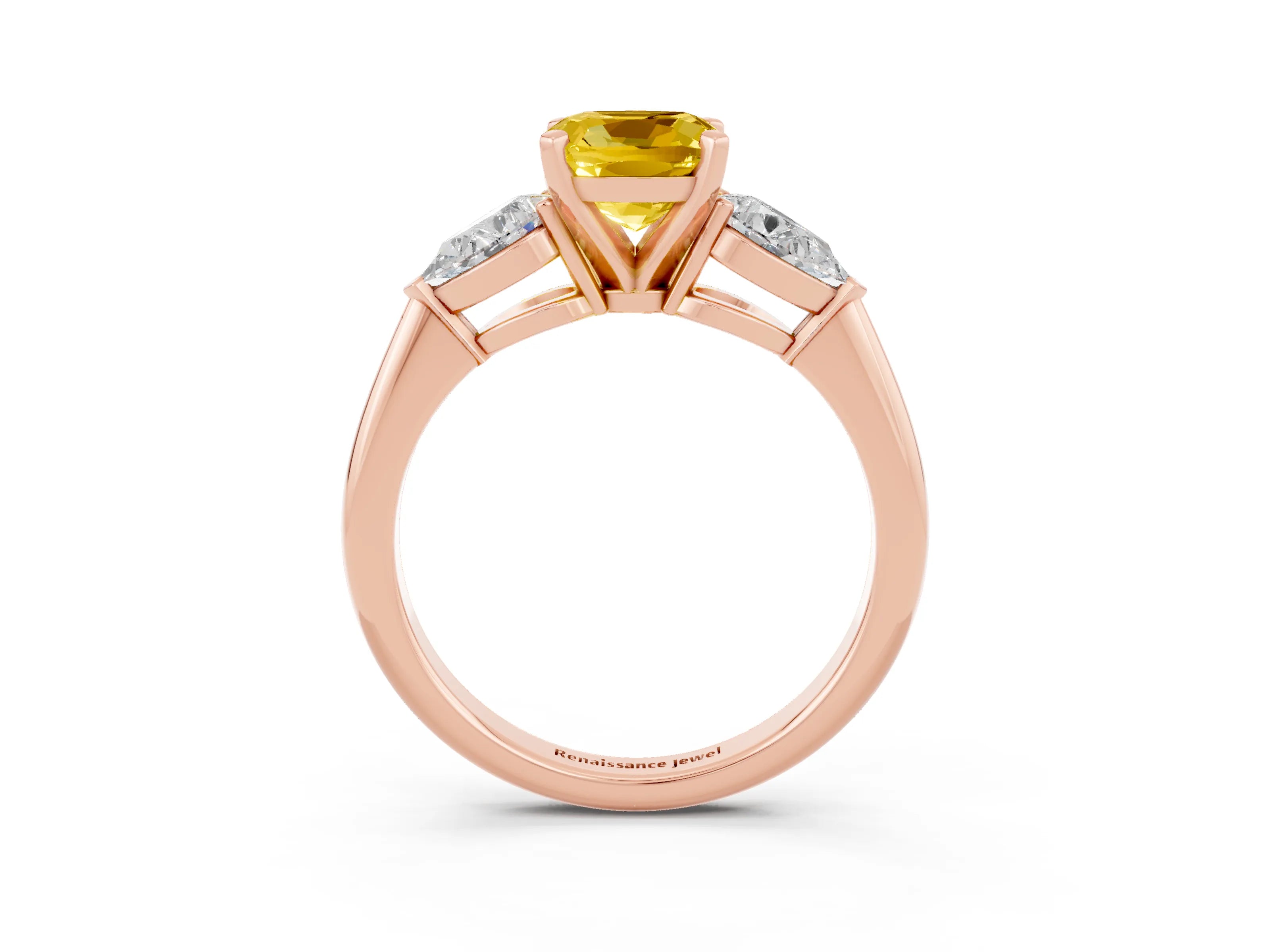 Rose gold Three-Stone Cushion Cut Yellow Sapphire Ring with Pear Side Stones and Four-Prong Setting_27